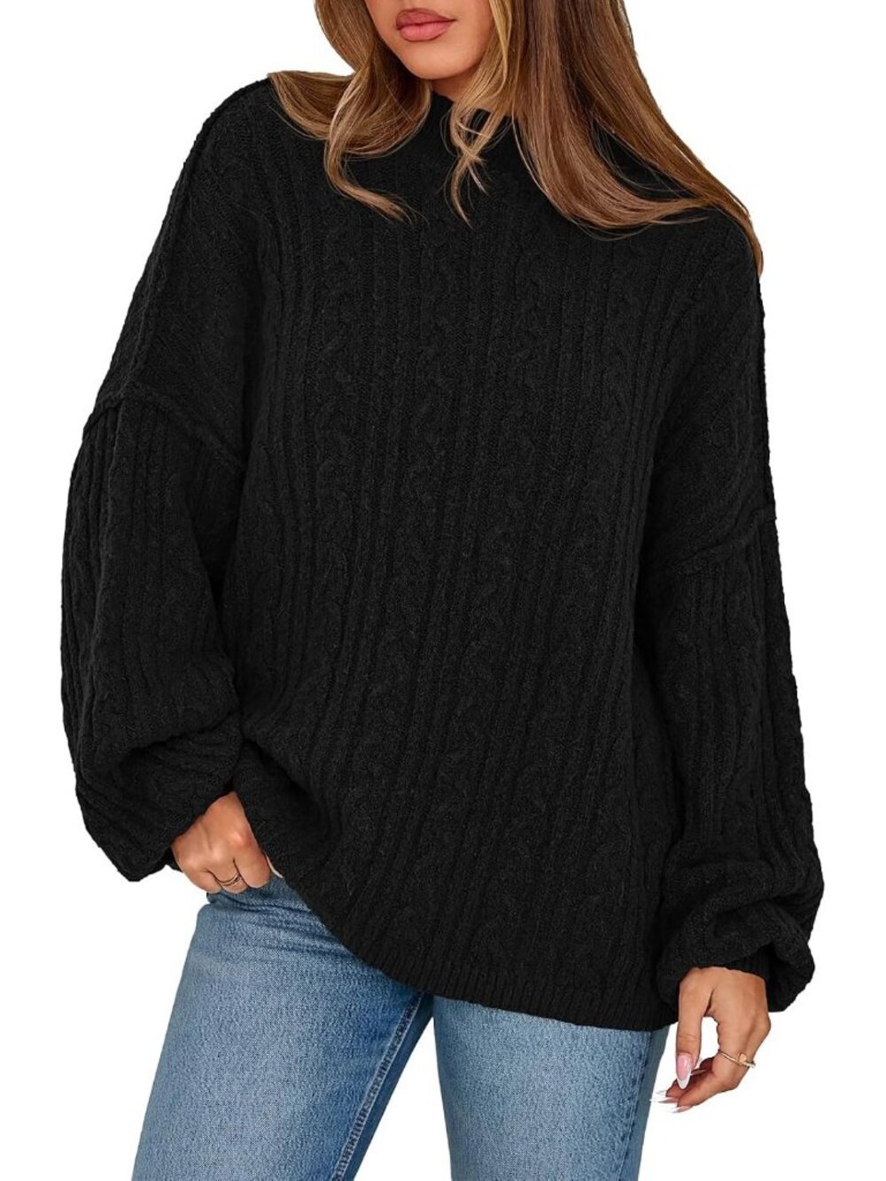 Women's Black Long Sleeve Crewneck Cable Knit Oversized Pullover Fall Sweaters